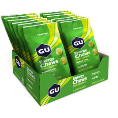 Close-up of GU Energy Chews Salted Lime showing chewy texture and tangy lime flavor.