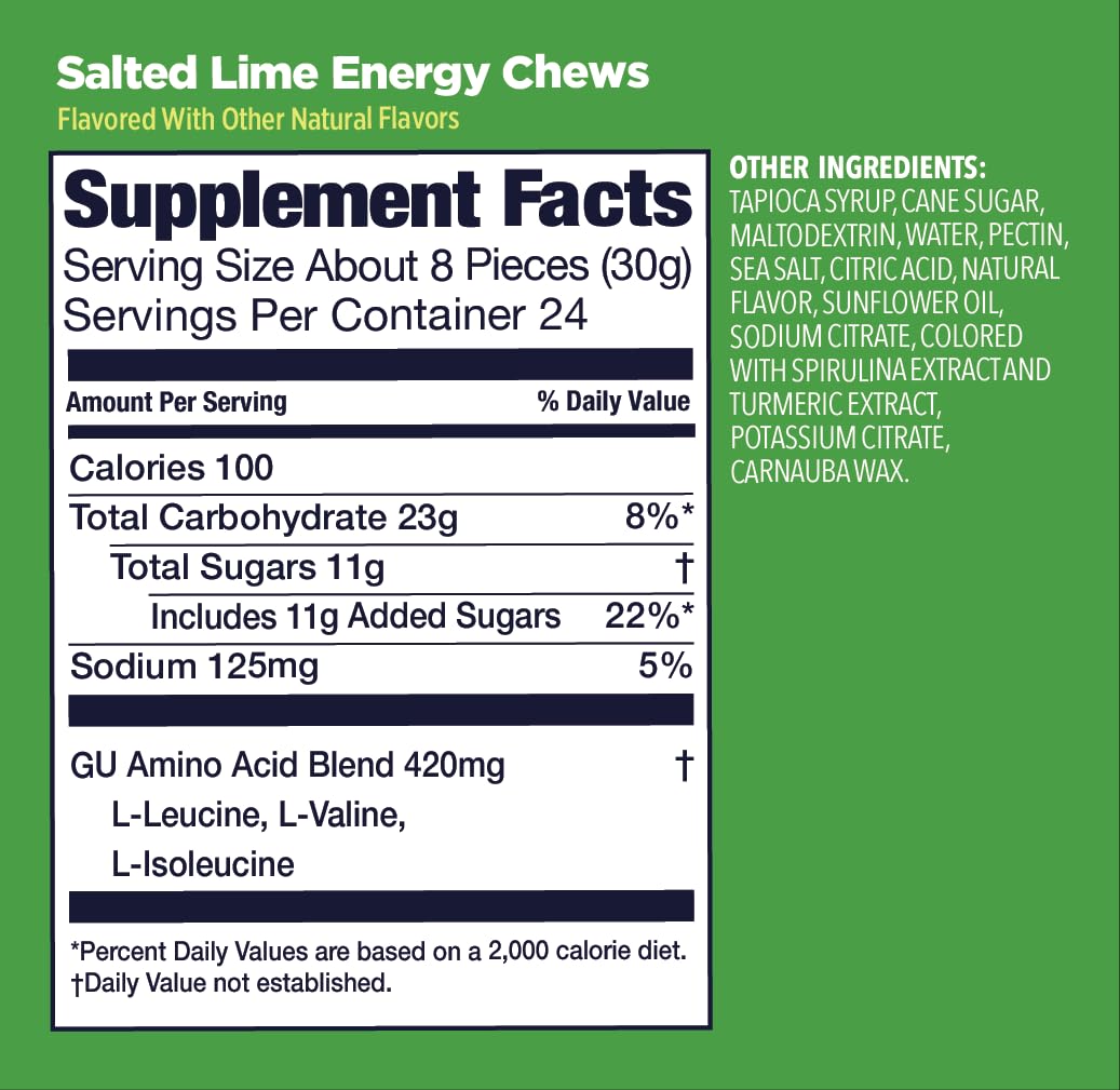 Compact packaging of GU Energy Chews Salted Lime fits gym bag or pocket.