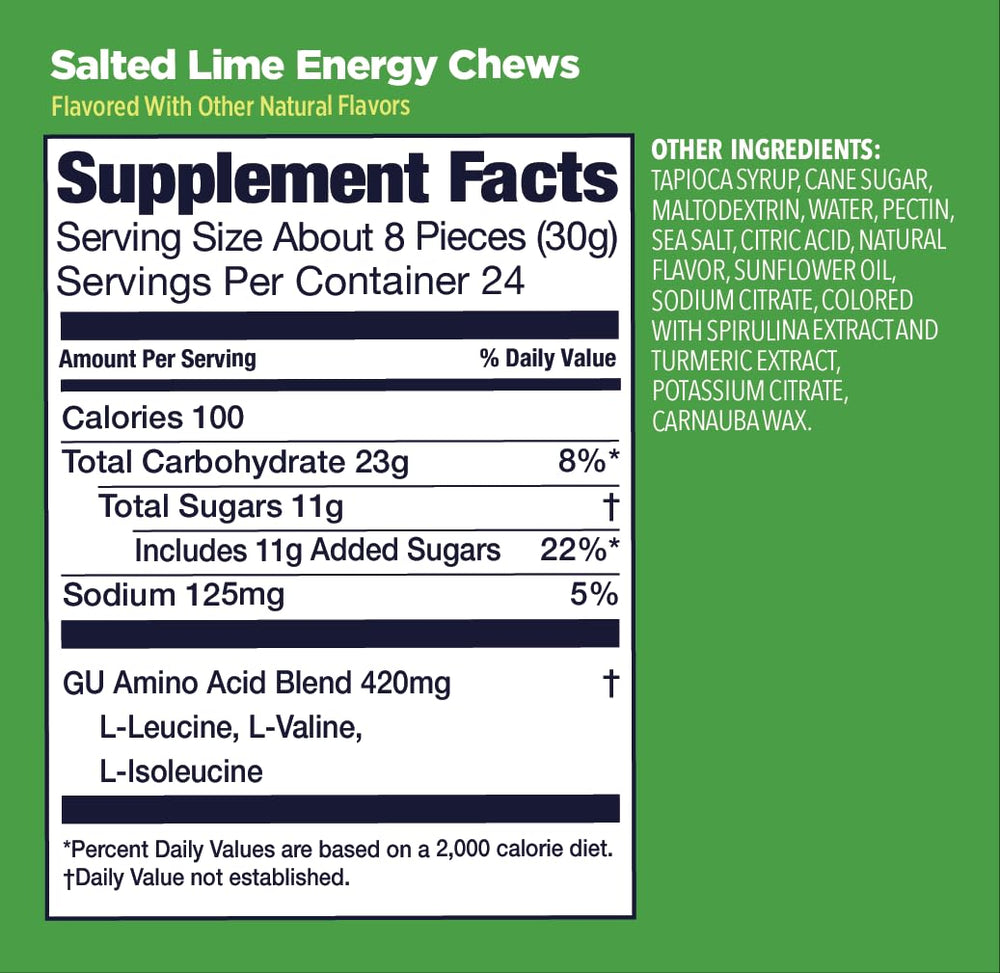 Compact packaging of GU Energy Chews Salted Lime fits gym bag or pocket.