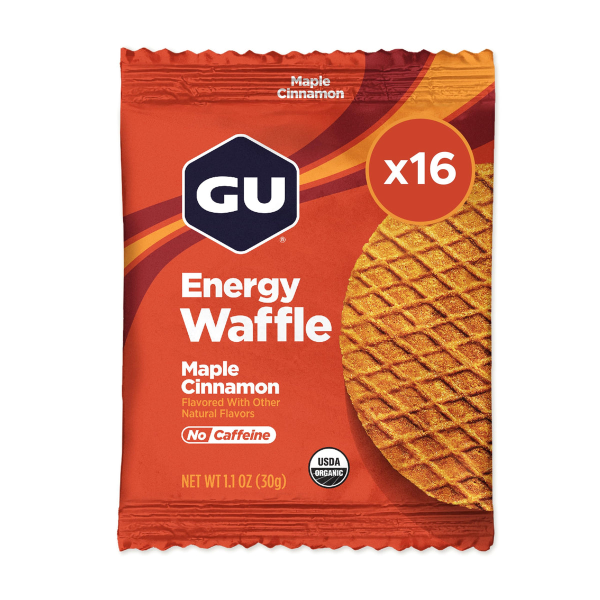 GU Energy Maple Cinnamon Organic Energy Waffle packaging for portable pre-workout fueling