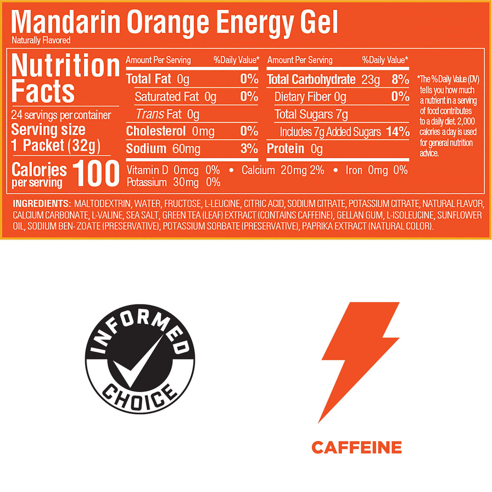 Close-up of GU Energy Mandarin Orange gel label with carbs listed.