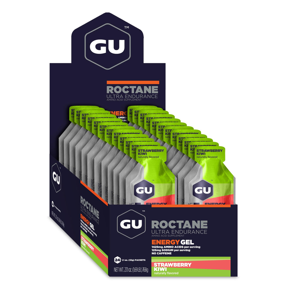 Vegan, gluten-free, dairy-free Roctane gel labeling in focus for athletes.