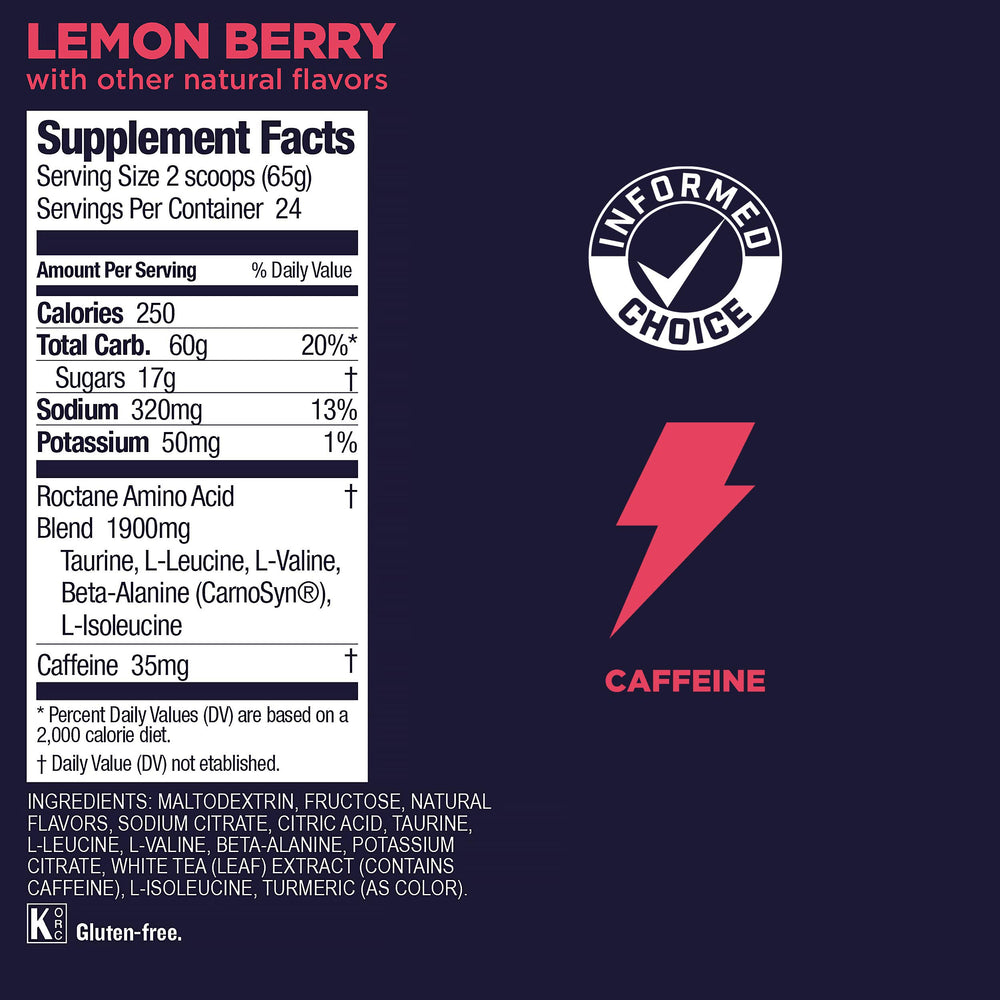 Jar packaging highlights calories and electrolytes for hydration planning.