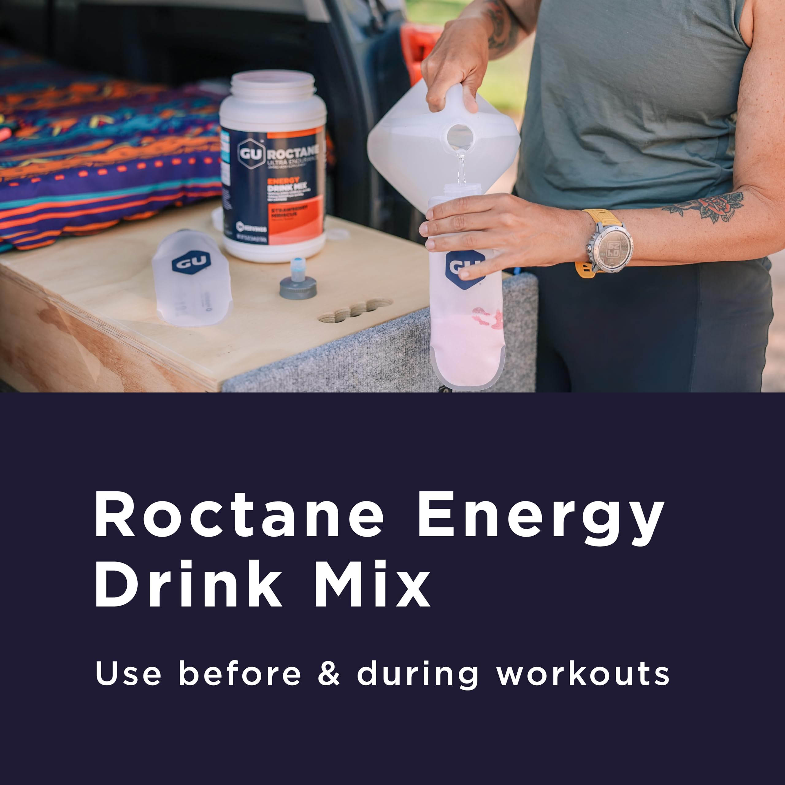 GU Energy Roctane strawberry hibiscus packaging shows vegan gluten-free energy for workouts