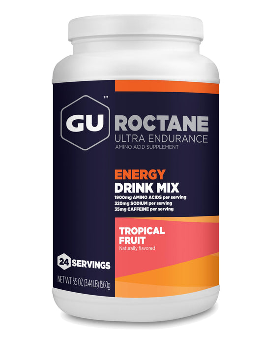 GU Energy Roctane tropical-fruit drink mix bottle for endurance fueling