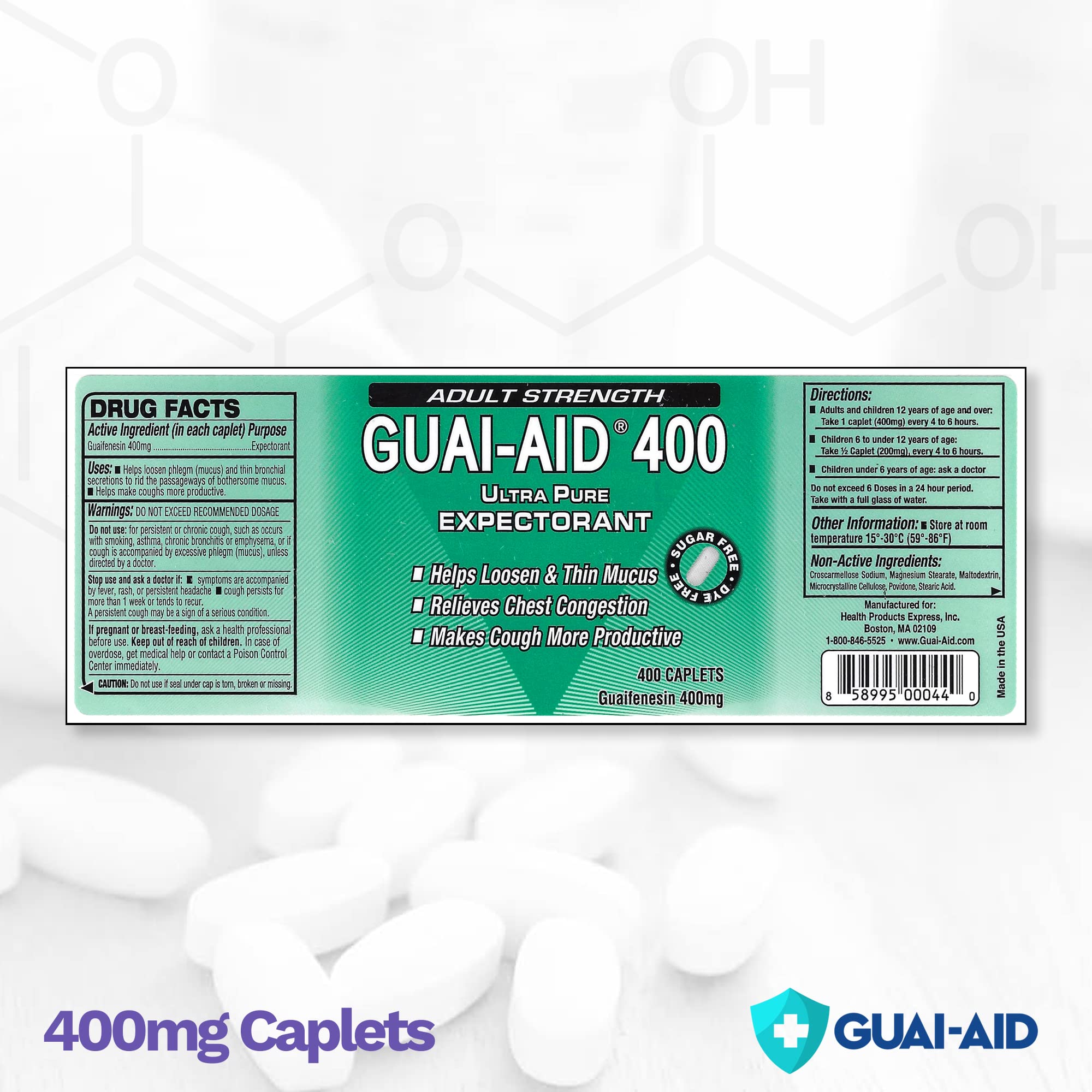 GUAI-AID 800 bottle cap close-up highlighting easy-to-swallow caplets.