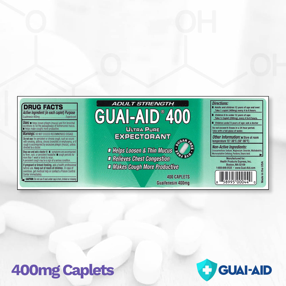 GUAI-AID 800 bottle cap close-up highlighting easy-to-swallow caplets.