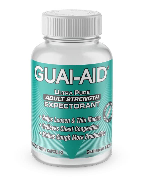 Guai-Aid guaifenesin capsules bottle close-up showing no dyes.