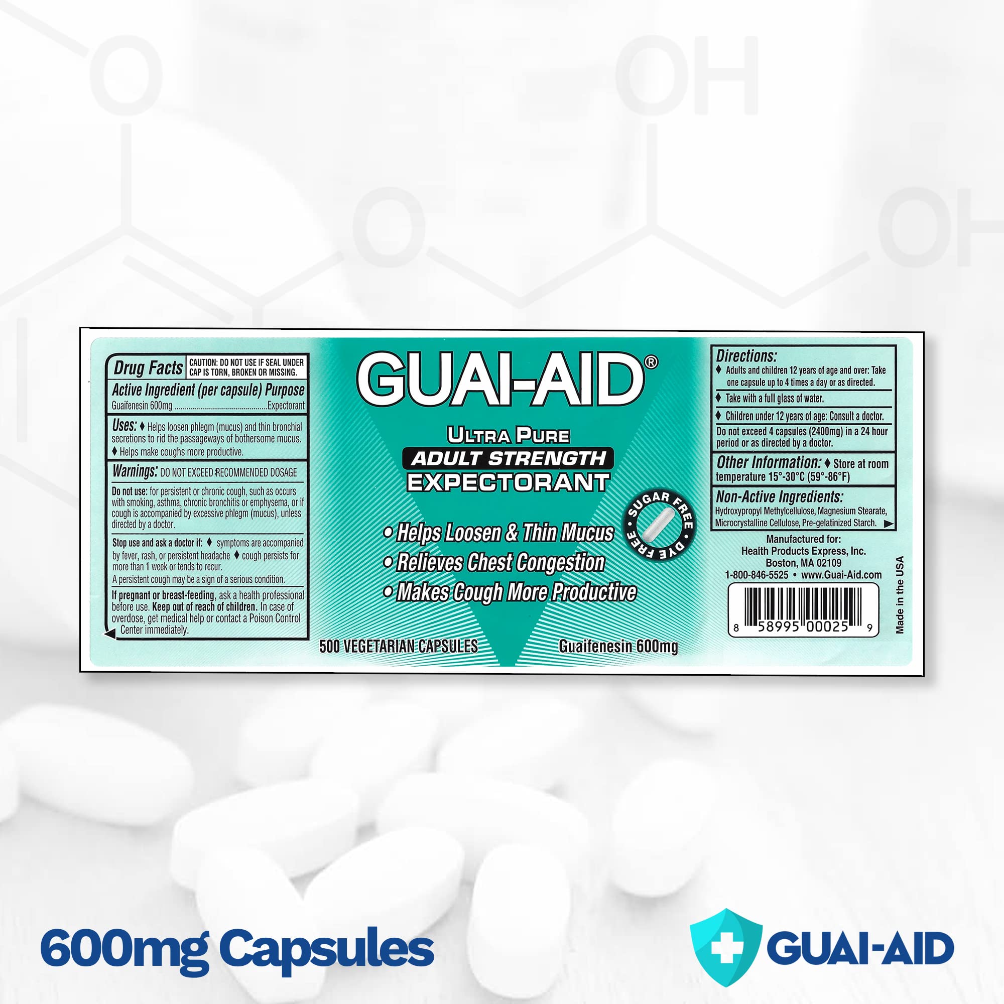 Guai-Aid guaifenesin capsules label close-up for quick identification.