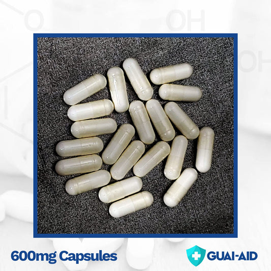 Guai-Aid ultra-pure guaifenesin capsules packaging highlights high purity.
