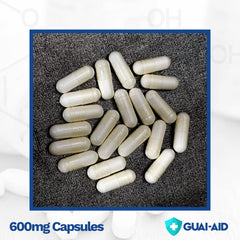 Guai-Aid ultra-pure guaifenesin capsules packaging highlights high purity.