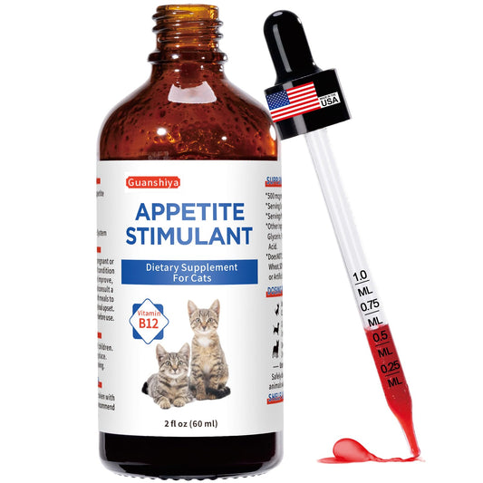 Guanshiya cat appetite stimulant bottle visible, boosts appetite and energy.