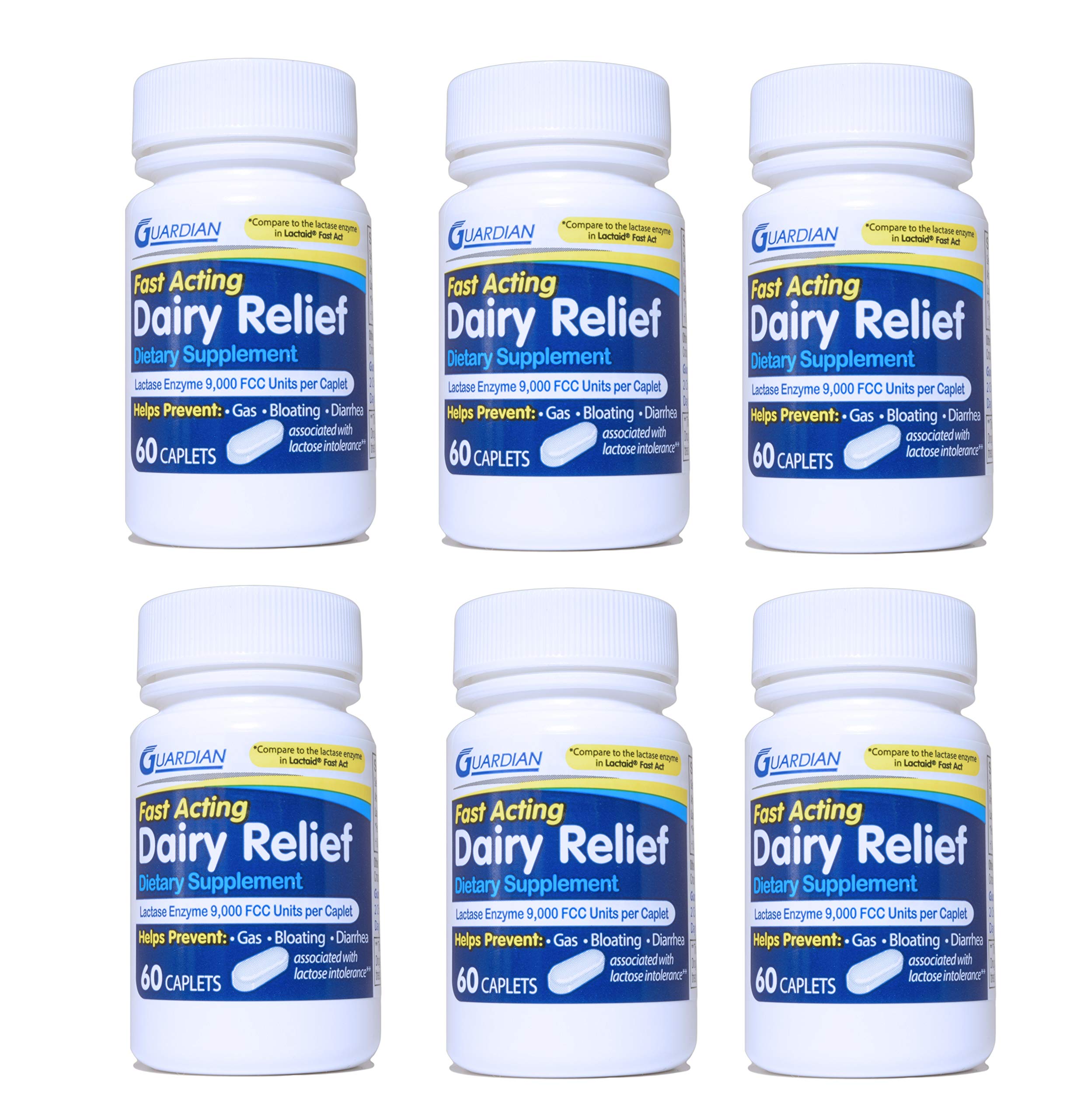Guardian Dairy Relief bottle front showing fast-acting caplets for dairy digestion.
