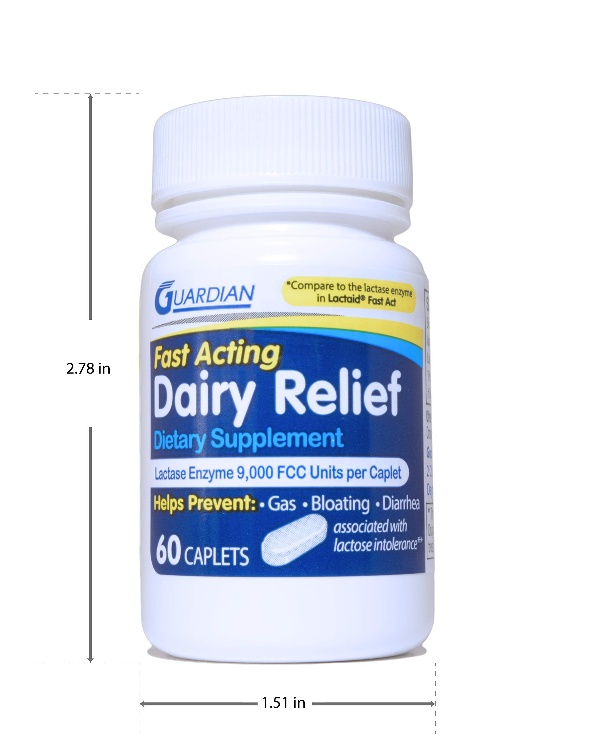 Guardian Dairy Relief lactase enzyme label highlighting lactose digestion support.