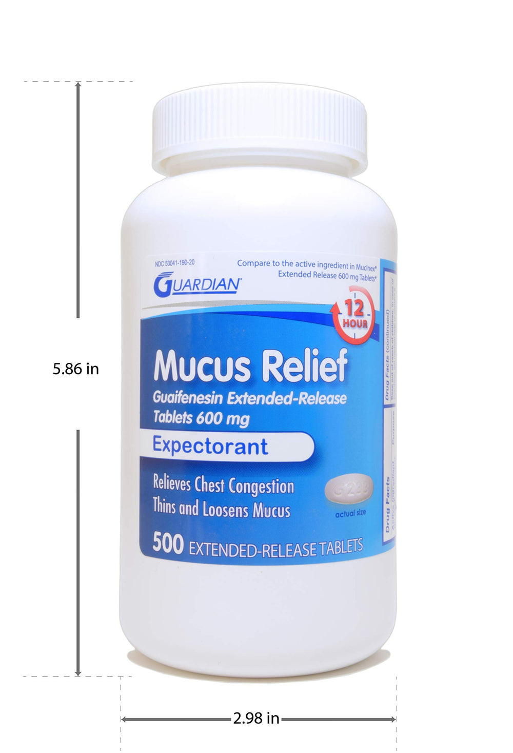 Guardian Mucus Relief bottle side view highlights USA-made extended release