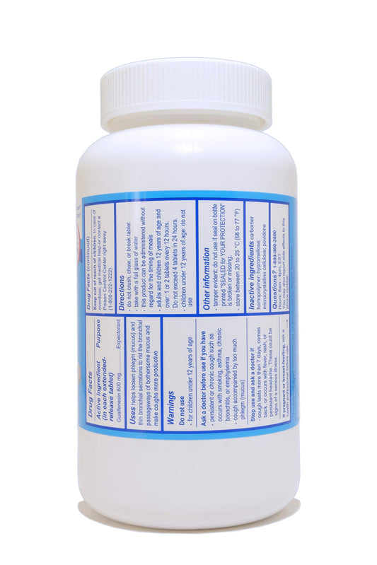 Guardian Mucus Relief label closeup highlighting 12-hour extended release benefits
