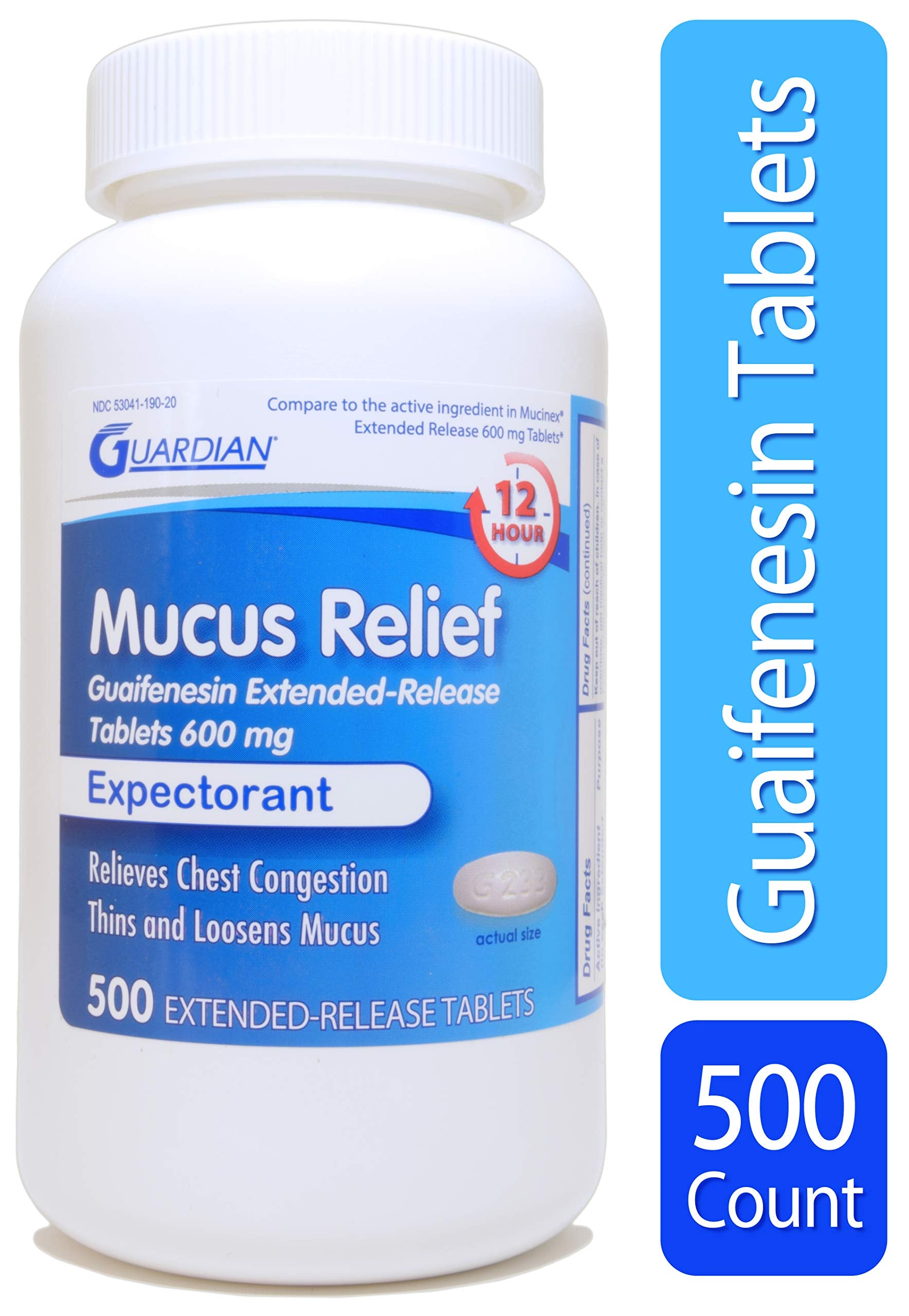 Guardian Mucus Relief packaging shot signals large 500-count bottle value
