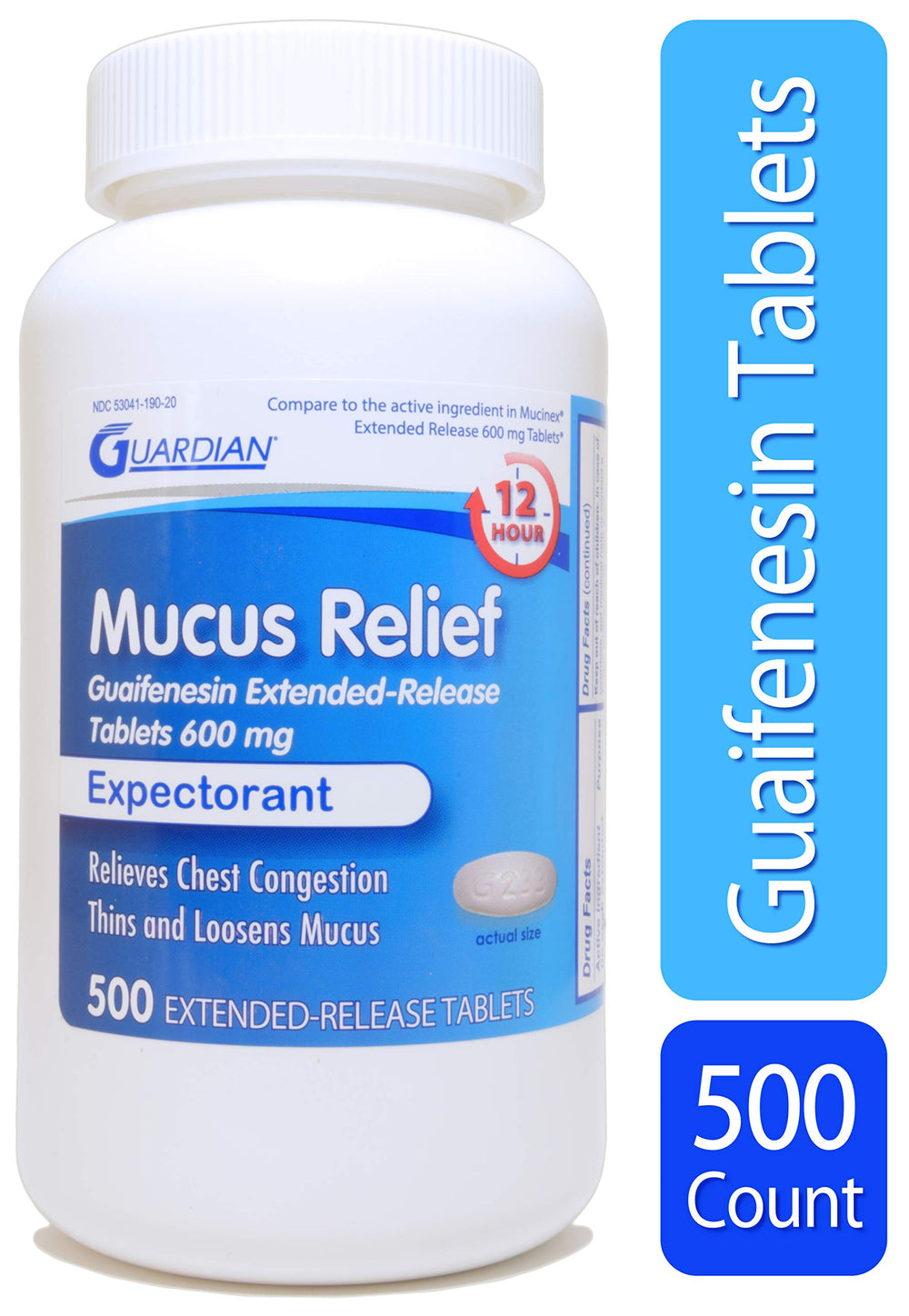 Guardian Mucus Relief packaging shot signals large 500-count bottle value