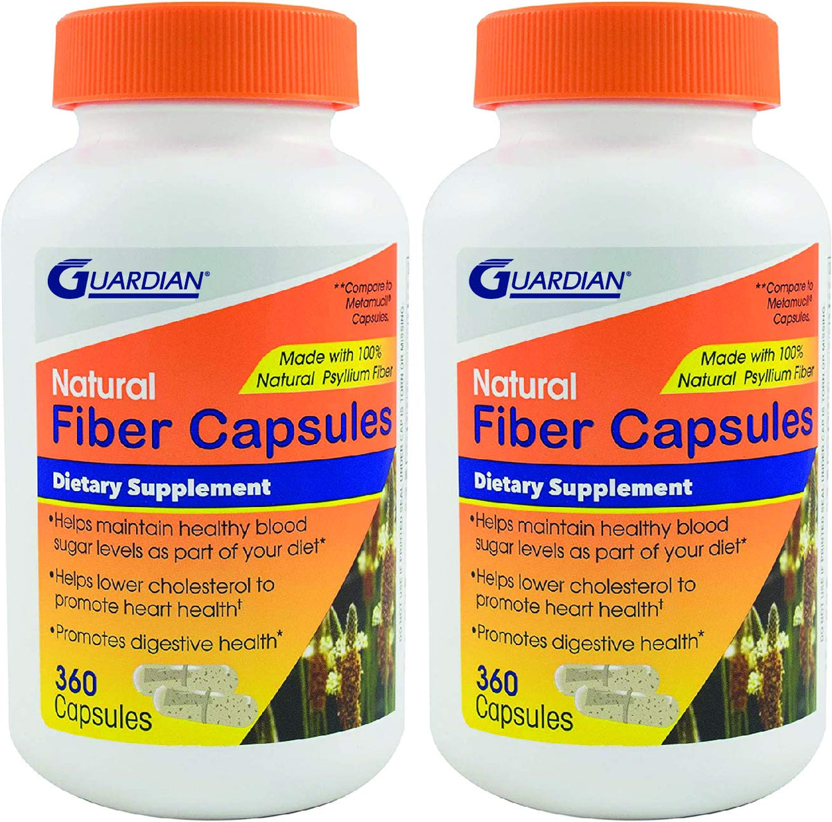 Guardian Psyllium fiber capsules bottle front; supports daily fiber intake.