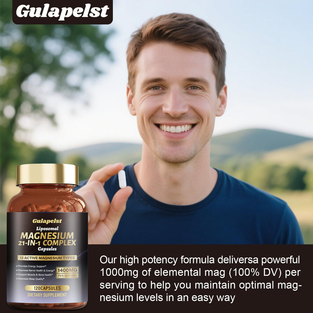 Gulapelst magnesium bottle beside a water glass implies easy daily use.