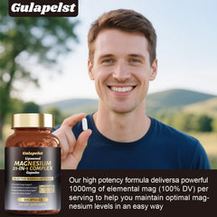 Gulapelst magnesium bottle beside a water glass implies easy daily use.
