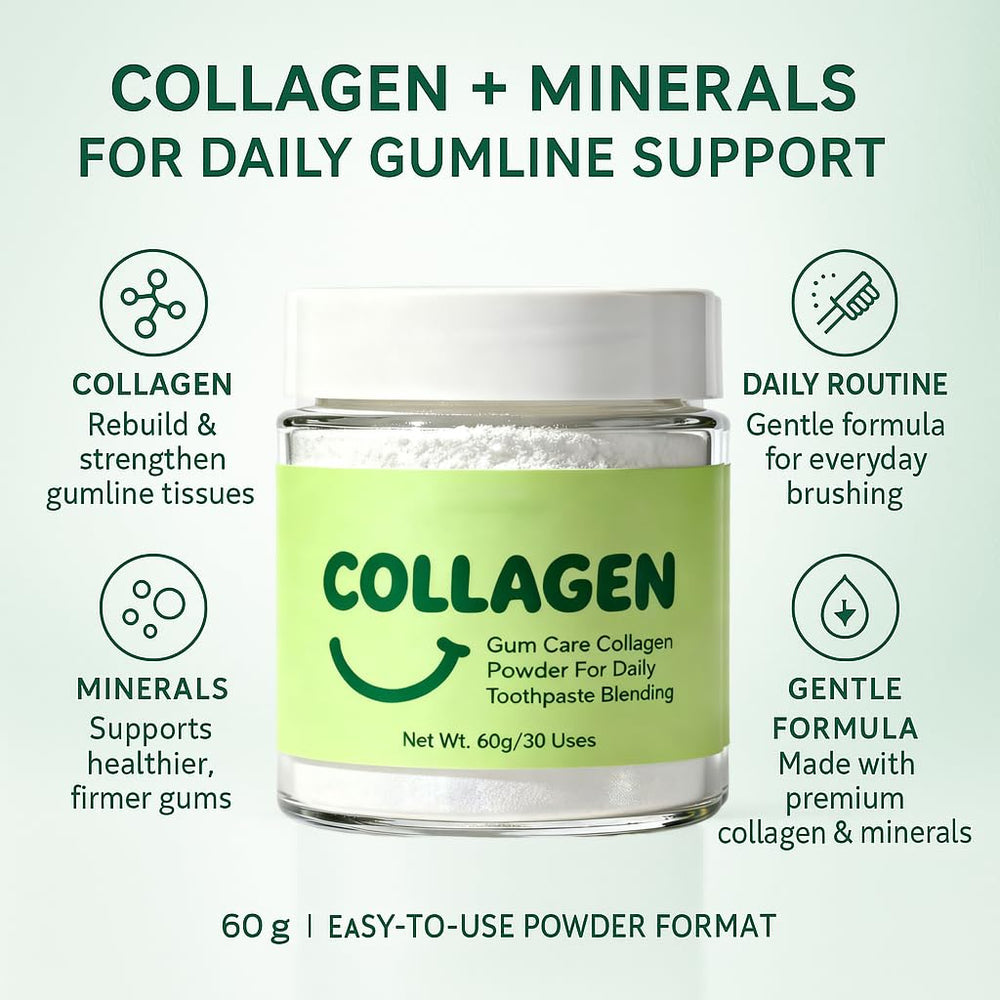 Guliqi collagen tooth powder packaging highlights mineral-rich formula for resilient gums.