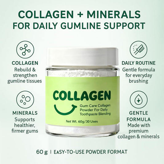 Guliqi collagen tooth powder packaging highlights mineral-rich formula for resilient gums.