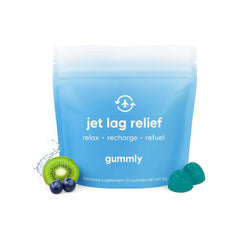 Gummly Jet Lag Remedy packaging shows a compact travel solution for on the go adjustment