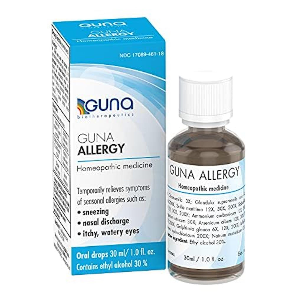 GUNA Allergy bottle pour demonstrates portable, non-drowsy multi-symptom relief.