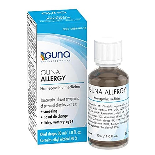 GUNA Allergy bottle pour demonstrates portable, non-drowsy multi-symptom relief.