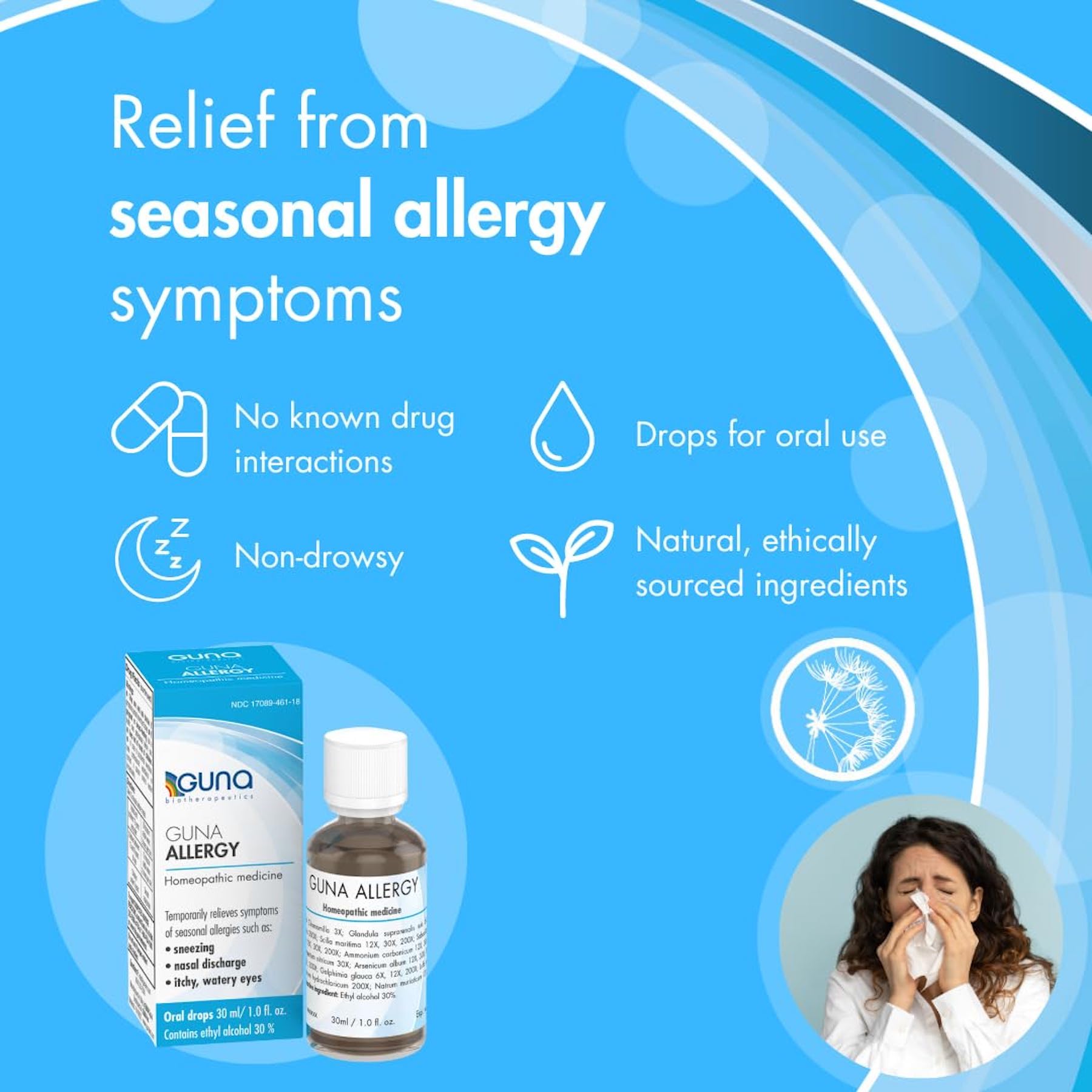 GUNA Allergy bottle side label highlights gluten-free ingredients and 30 ml size.