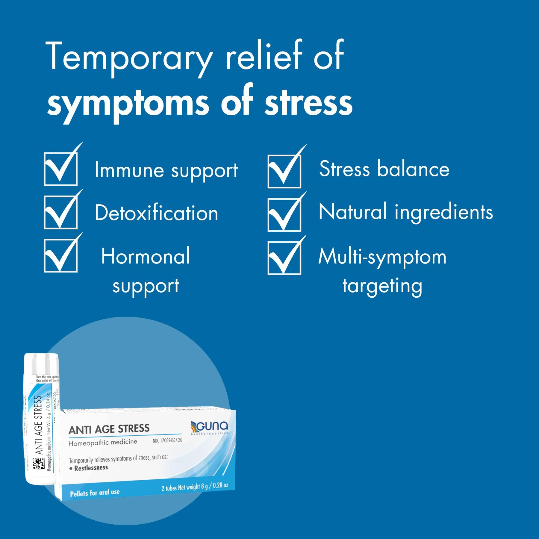 GUNA Anti Age Stress bottle label close-up showing natural homeopathic formula for home use.