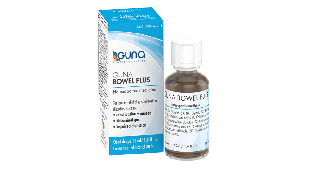 GUNA Bowel Plus bottle and drops showing gentle digestive support visuals.