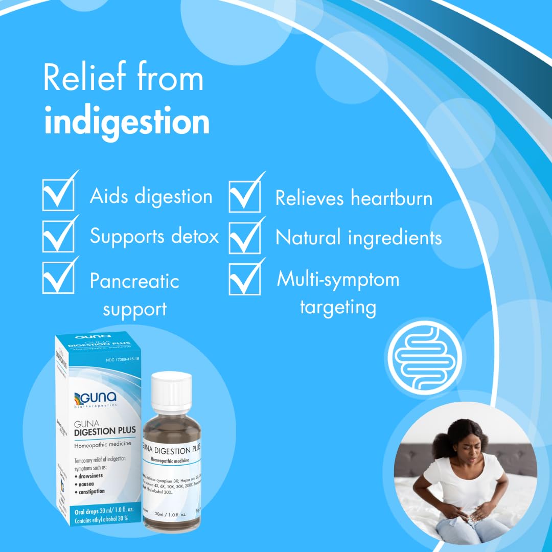GUNA Digestion Plus drops dispensed into water for convenient on the go relief.