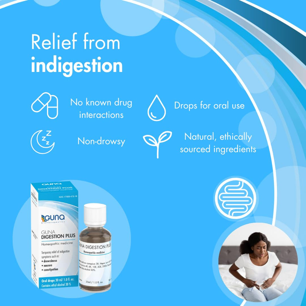 GUNA Digestion Plus packaging label shows natural ingredients and safe daily use.