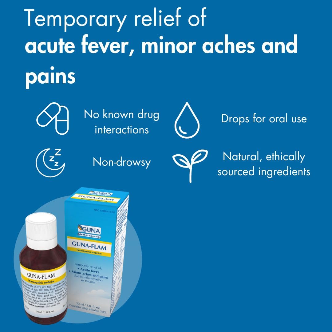 Guna Flam packaging side highlights gentle, drug-free formulation