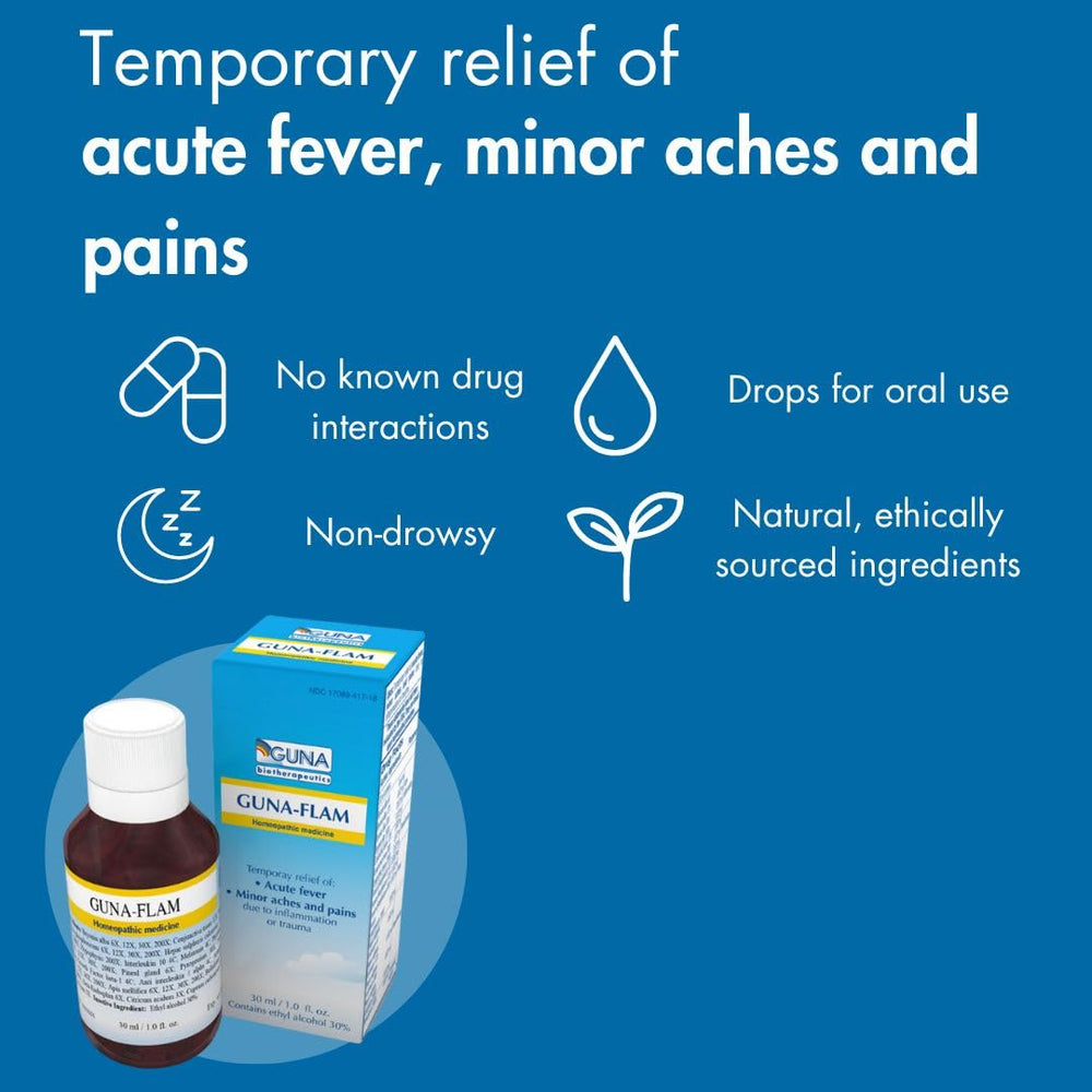 Guna Flam packaging side highlights gentle, drug-free formulation