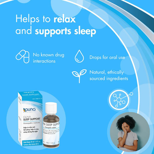 Front view of GUNA Sleep Support bottle highlighting melatonin-free formula