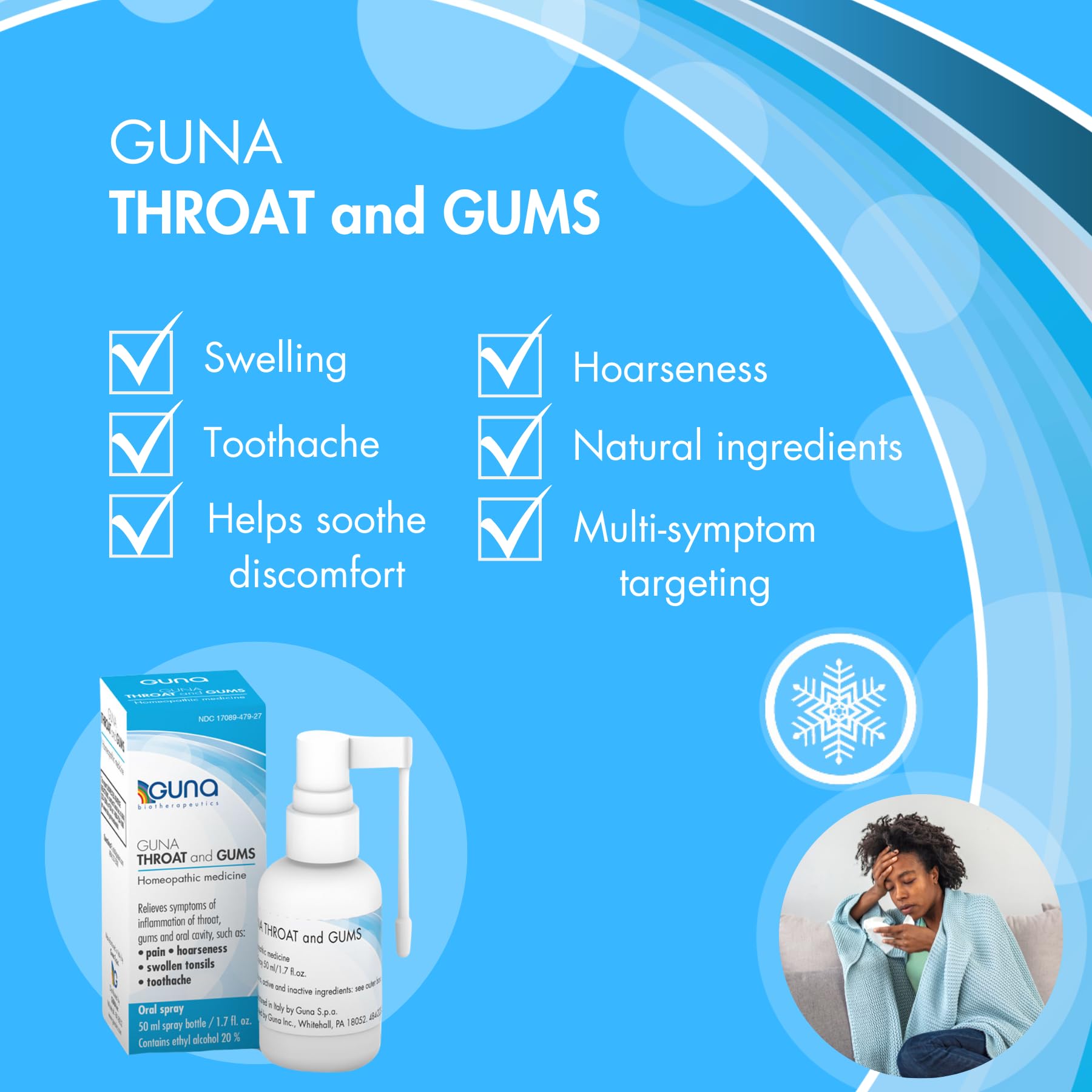GUNA throat and gums ingredients close-up highlighting homeopathic formula for soothing.