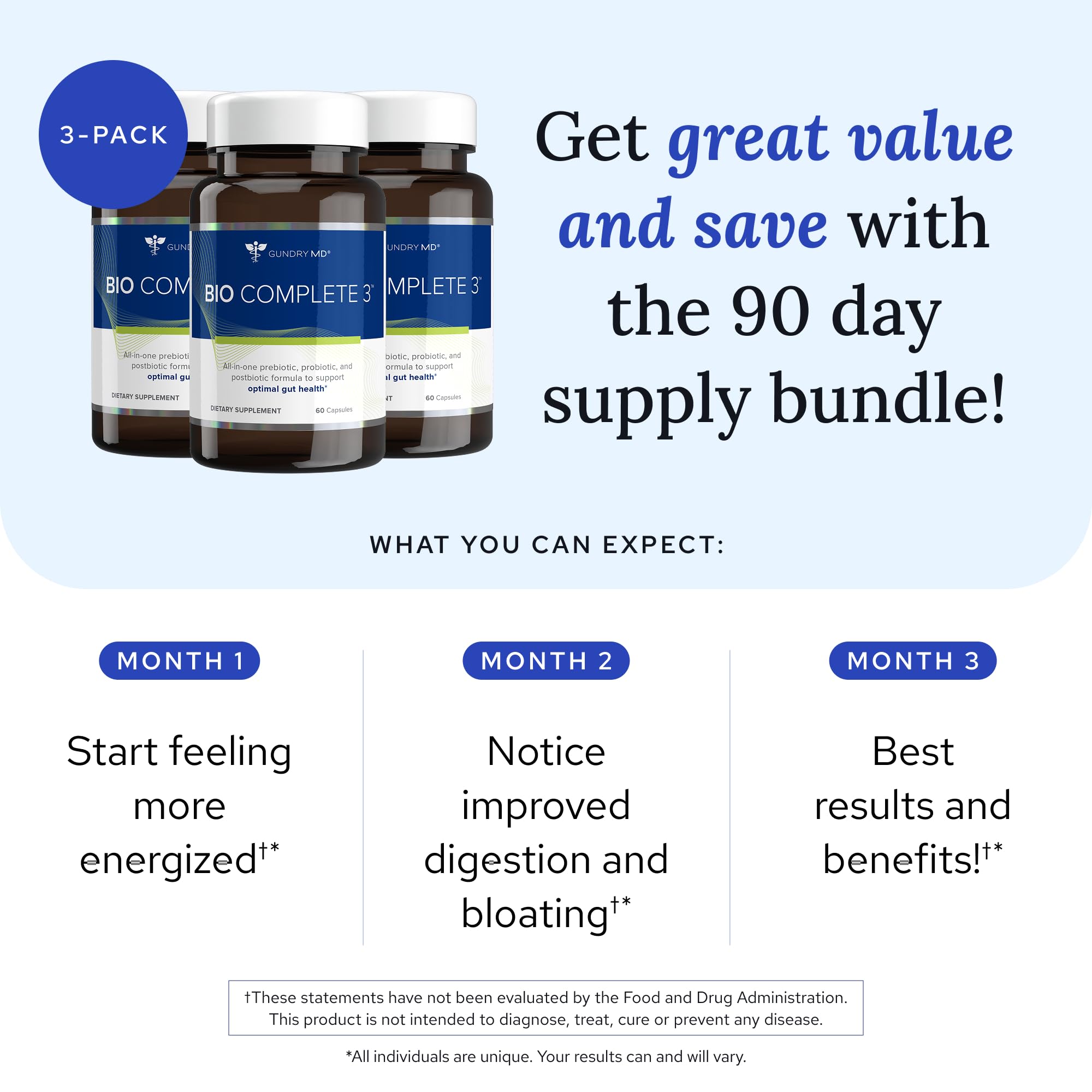 Gundry MD Bio Complete 3 bottle pour demonstrates easy daily intake.