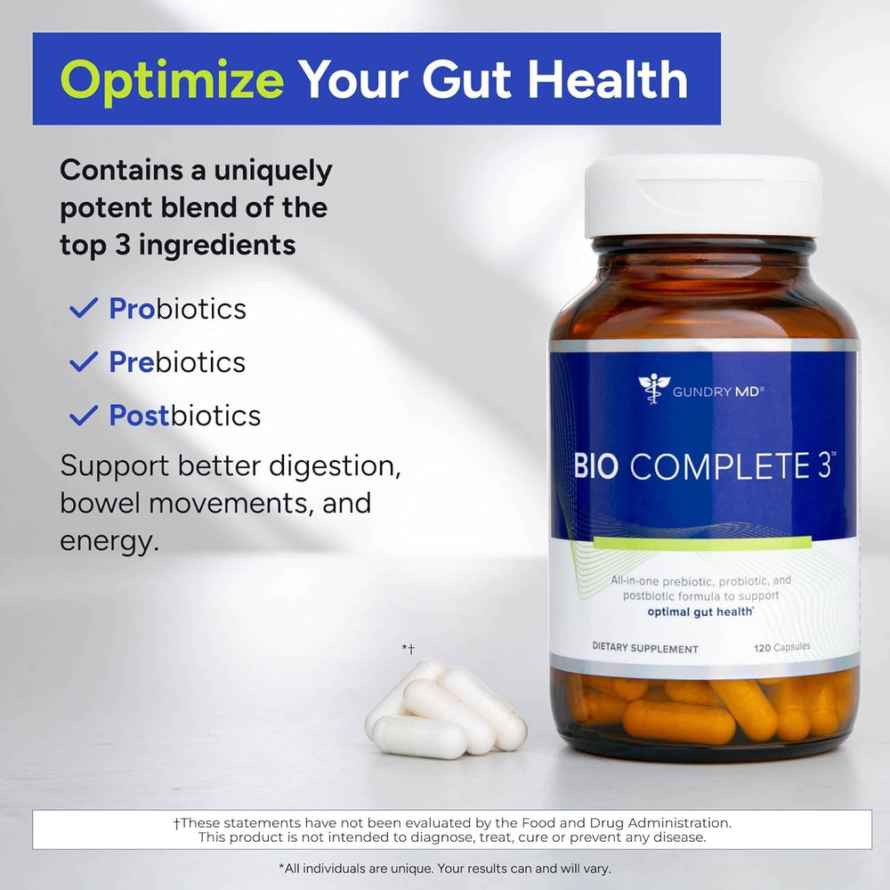 Gundry MD Bio Complete 3 capsules close-up highlights probiotic blend.