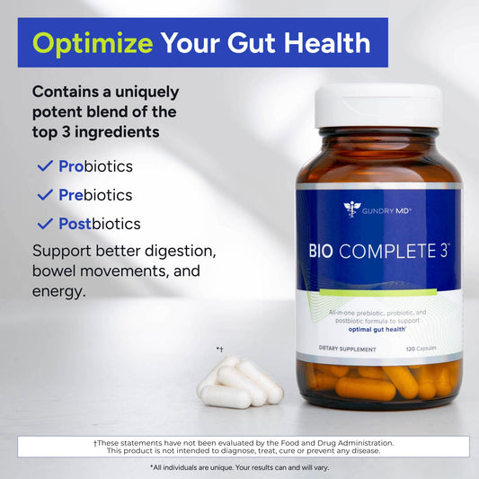 Gundry MD Bio Complete 3 capsules closeup emphasizes probiotic capsules for digestion.
