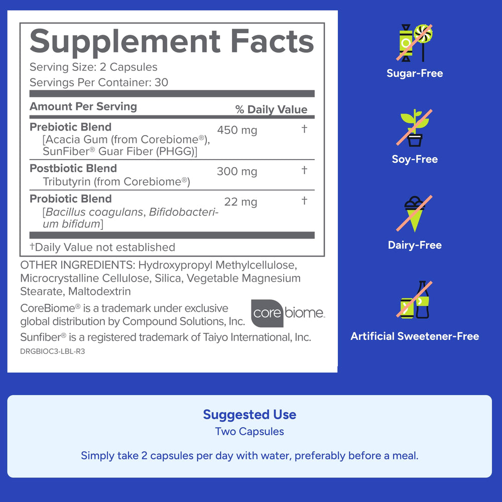 Gundry MD Bio Complete 3 skin-support illustration links gut health to clear skin.