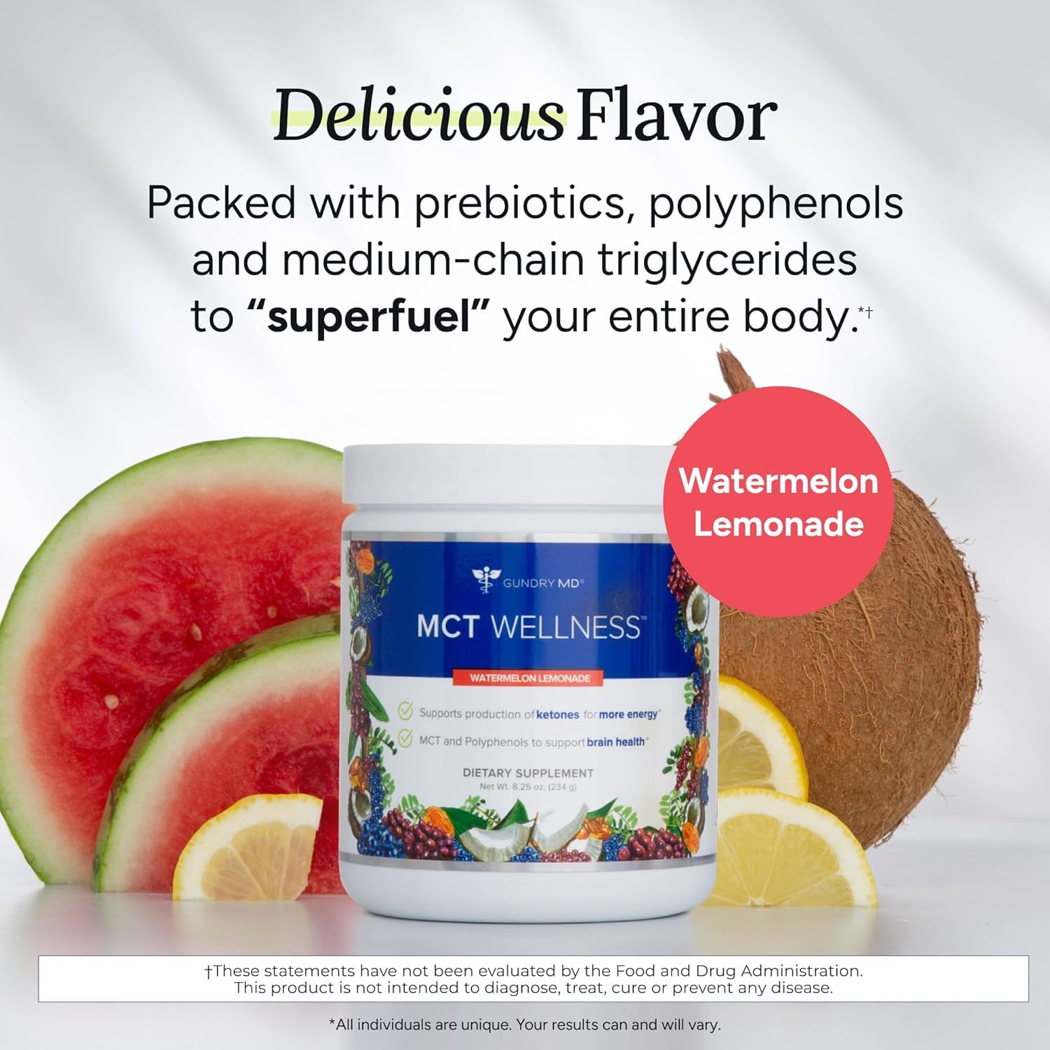 Ingredients panel of Gundry MD MCT Wellness Powder featuring red grape extract and minerals.