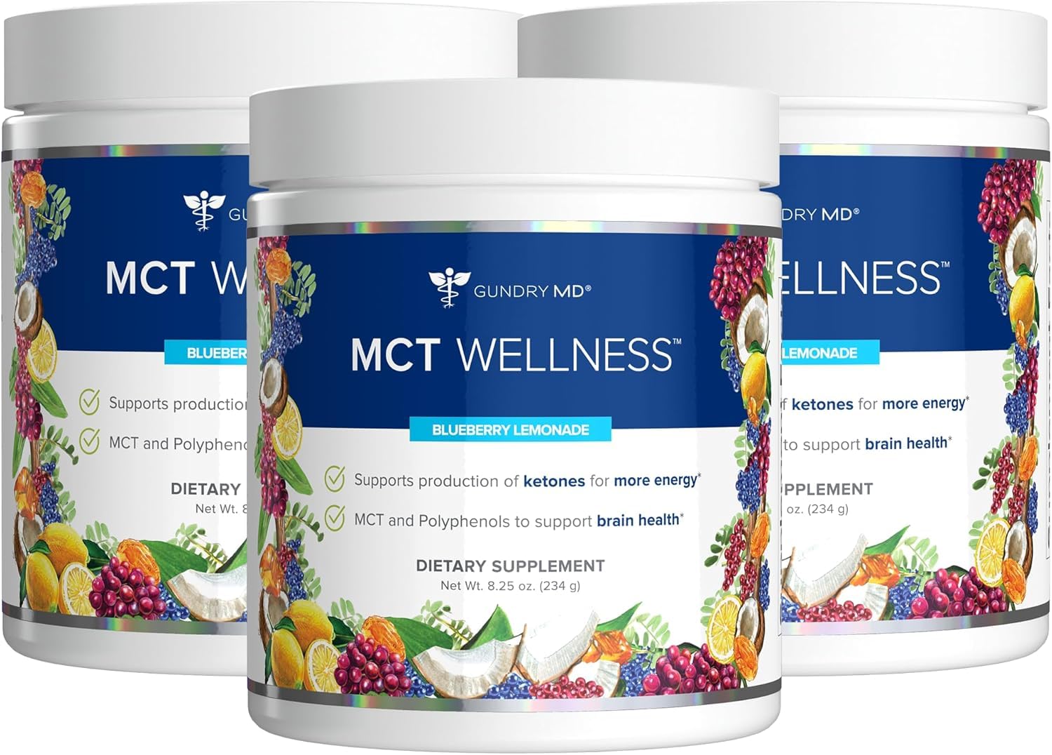 Gundry MD MCT Wellness Powder Blueberry Lemonade tub front for energy-friendly use.