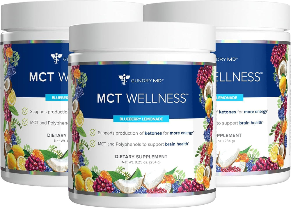 Gundry MD MCT Wellness Powder Blueberry Lemonade tub front for energy-friendly use.