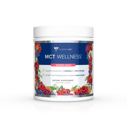 Gundry MD MCT Wellness Powder tub front in raspberry medley for energy support