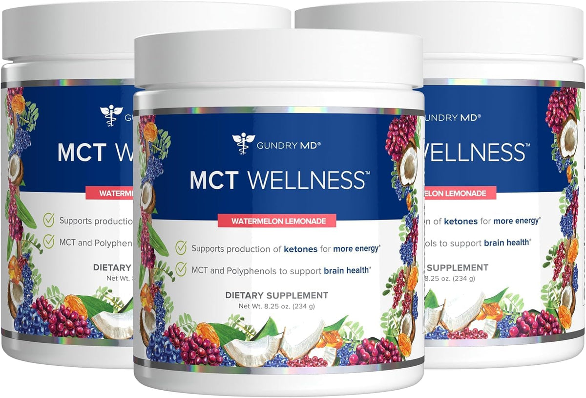 Gundry MD MCT Wellness Watermelon Lemonade tub showing the product and label, highlighting flavor and sugar-free formula.