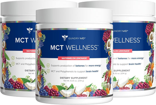Gundry MD MCT Wellness Watermelon Lemonade tub showing the product and label, highlighting flavor and sugar-free formula.