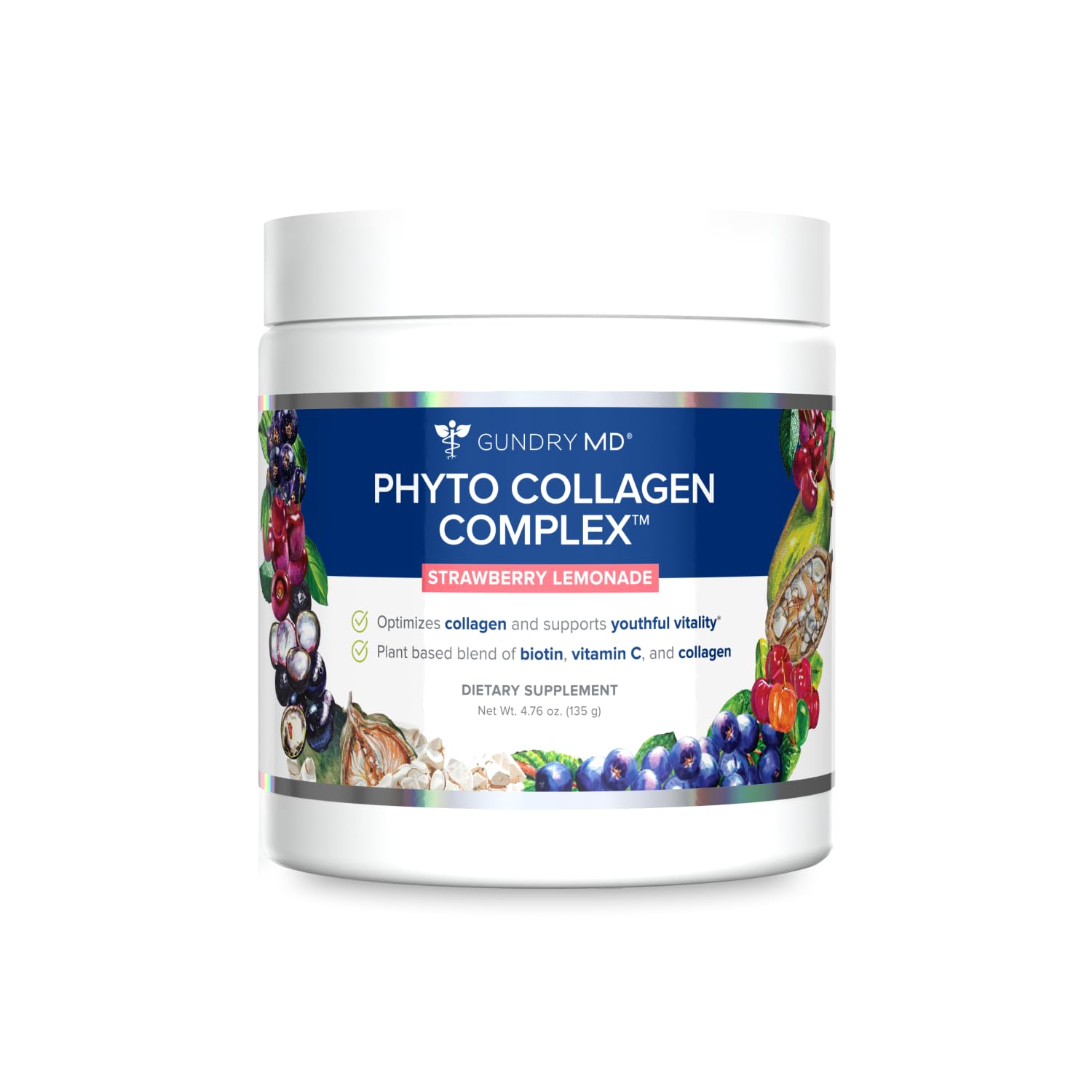 Gundry MD Phyto Collagen Complex bottle front in strawberry lemonade flavor for daily vitality.